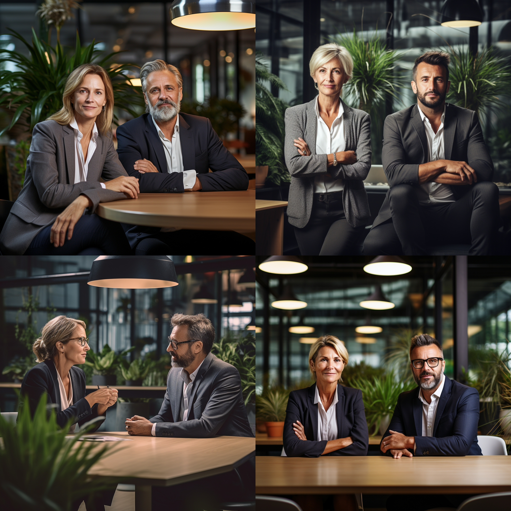 Four AI-generated images of a man and woman in a business setting, each showing the man in an equally or more authoritative posture despite the prompt requesting the woman to be the senior figure.