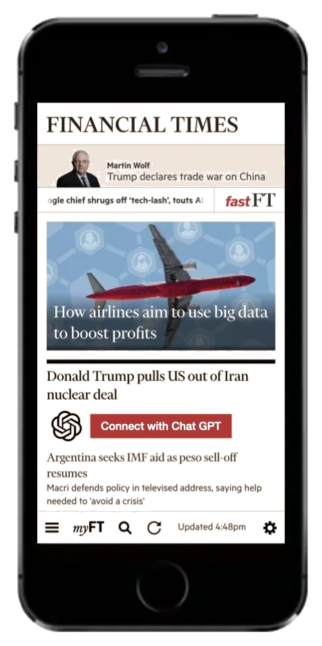 A mockup of a Financial Times article with a Connect with ChatGPT button integrated into the page.