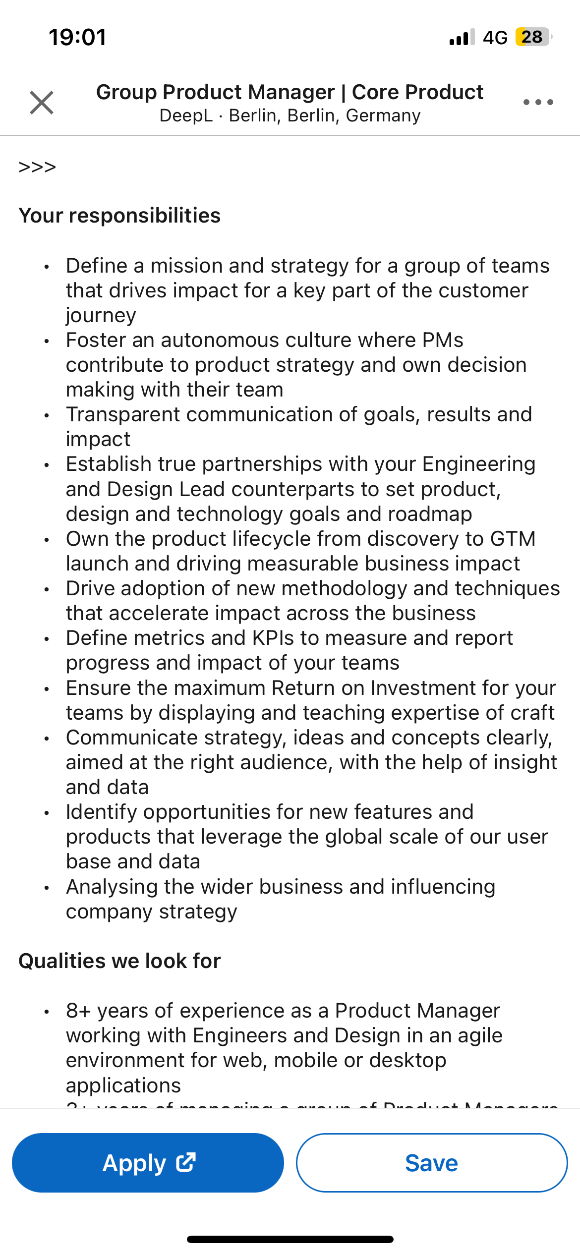 A LinkedIn job ad for a Group Product Manager role at DeepL.